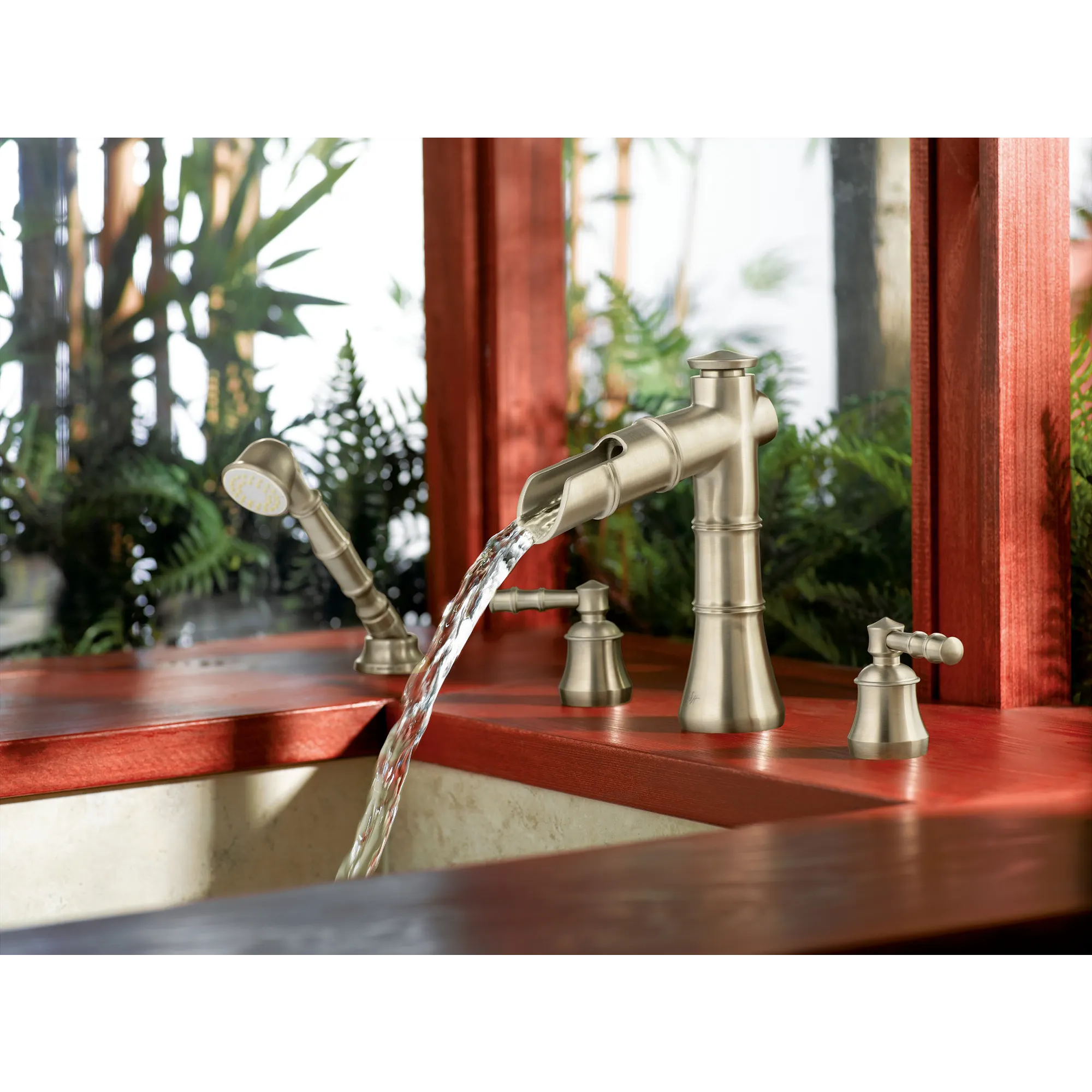 Bamboo Two-Handle Open Waterway Roman Tub Faucet Includes Hand Shower - Image 3